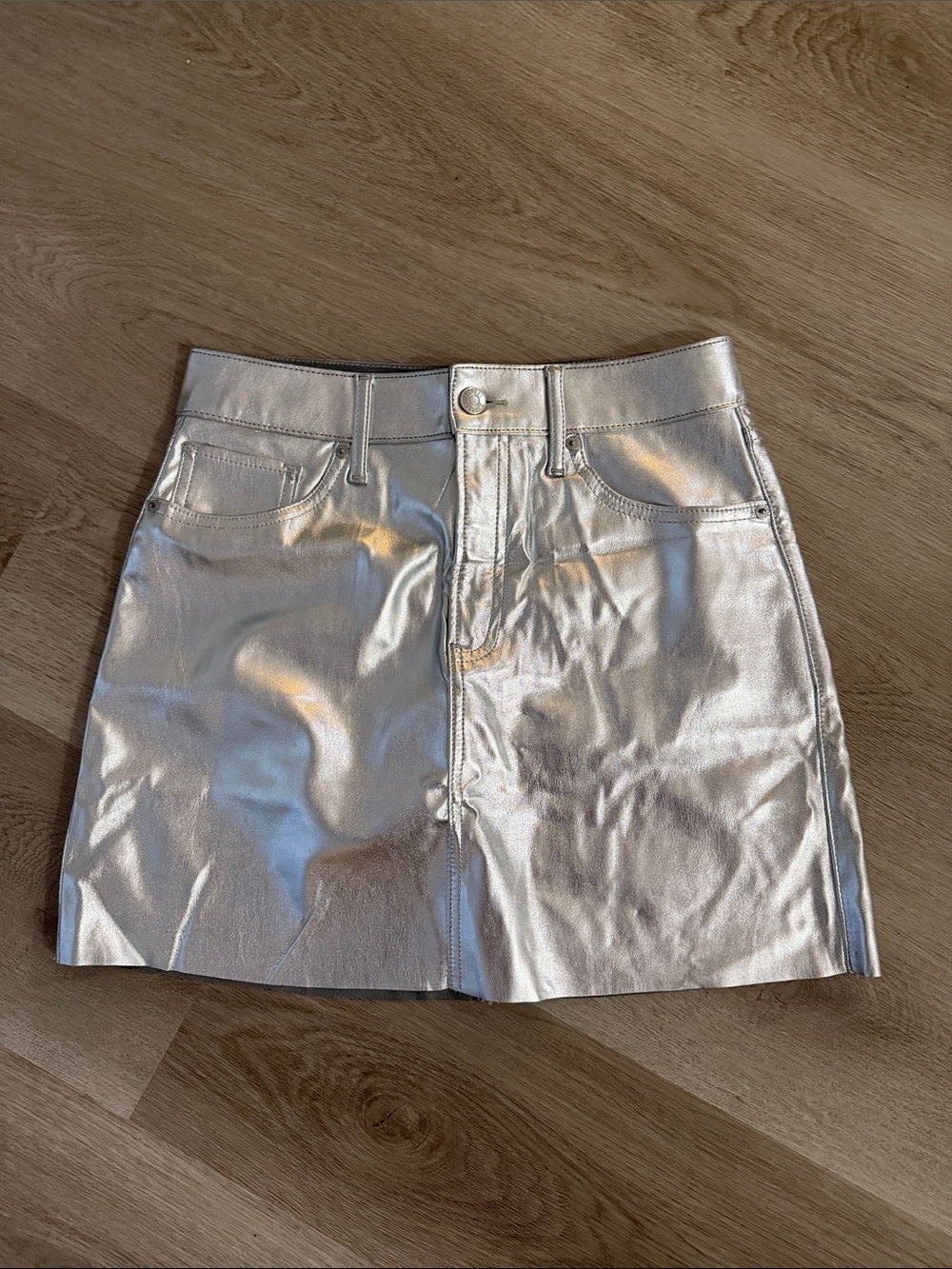 Express Metallic Silver Mini Skirt with Front Button